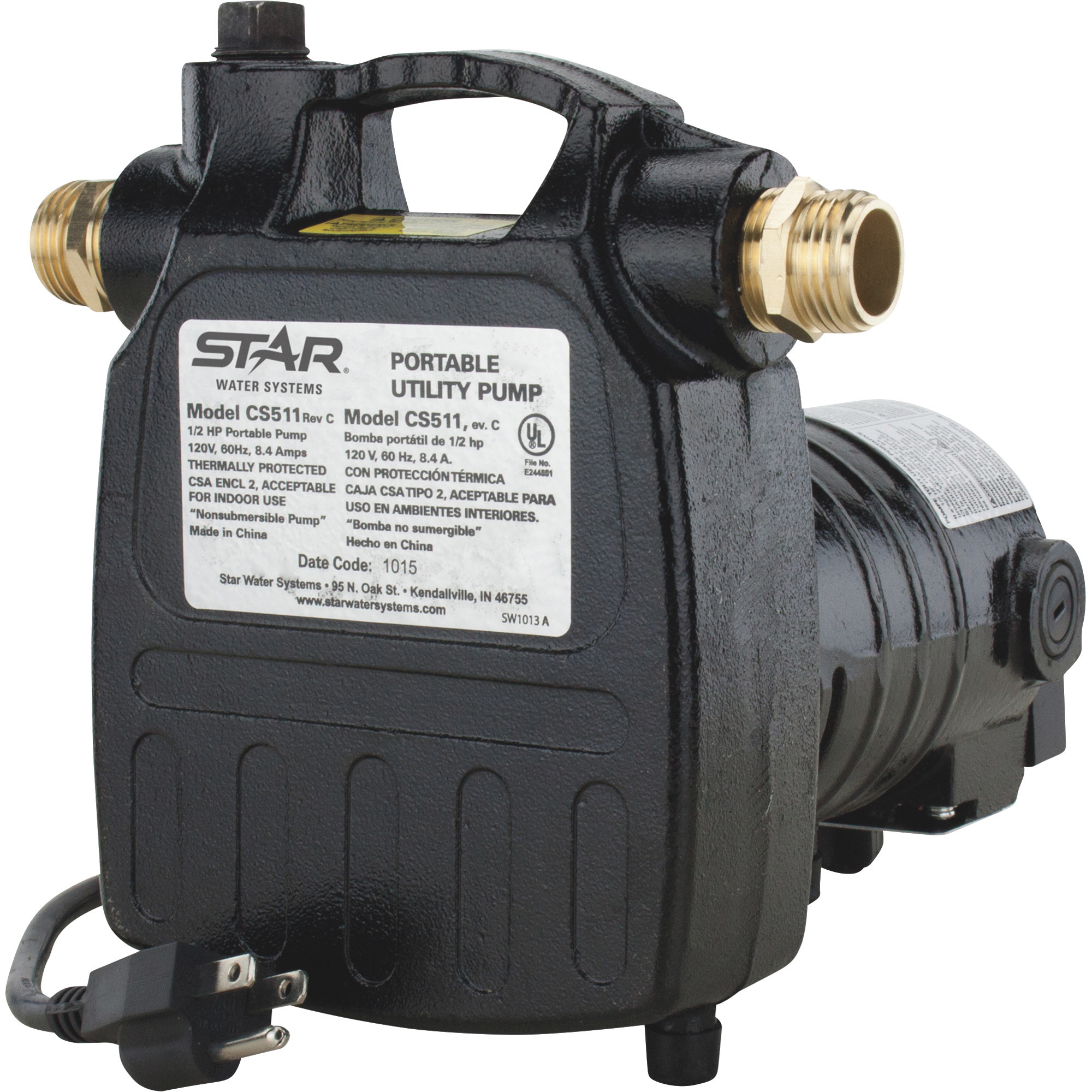 Star Water Systems PumpMate Cast Iron Portable Utility Water Pump, 1,286 GPH, 1/2 HP, 3/4in. Ports, Model# CS511